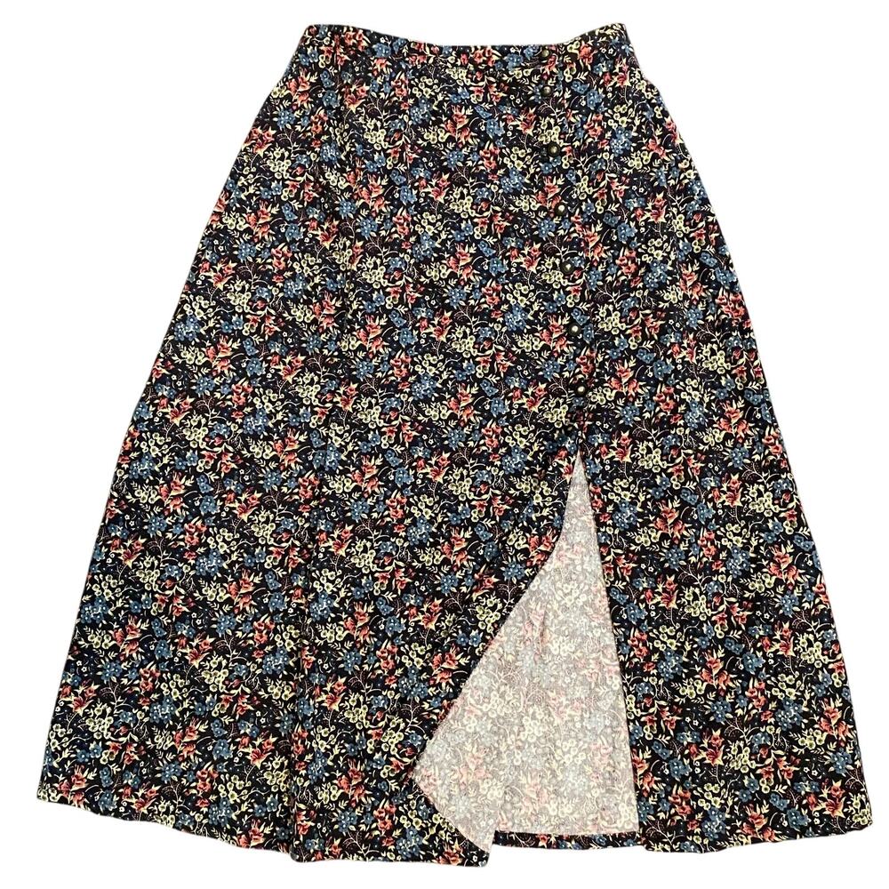 Vintage 80s 90s Floral 2pc Set Button Top & Midi Skirt Side Buttons - Picture 5 of 15
